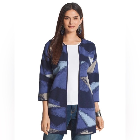 Chico’s Cardigan Women 1/med Painted Pattern Pam Blue Open Front Sweater - Picture 1 of 7